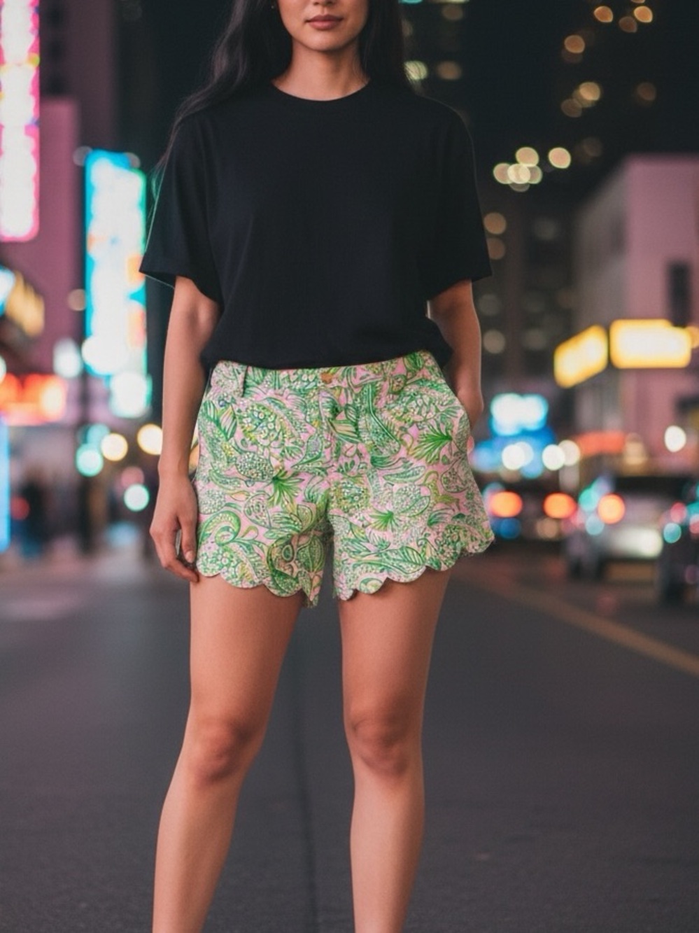 Scallop Hem Floral Print Women’s Shorts - Green